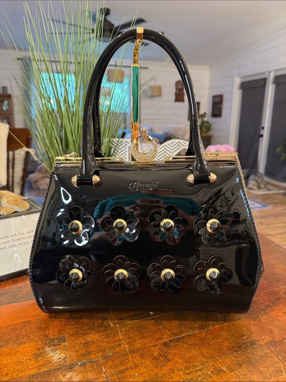 Patent Floral-Appliqué Satchel with Gold Accents - Black